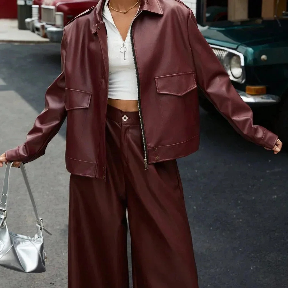 Burgundy Casual Women's Dolman Sleeve PU Oversized Bomber Jacket - Picture 4 of 5